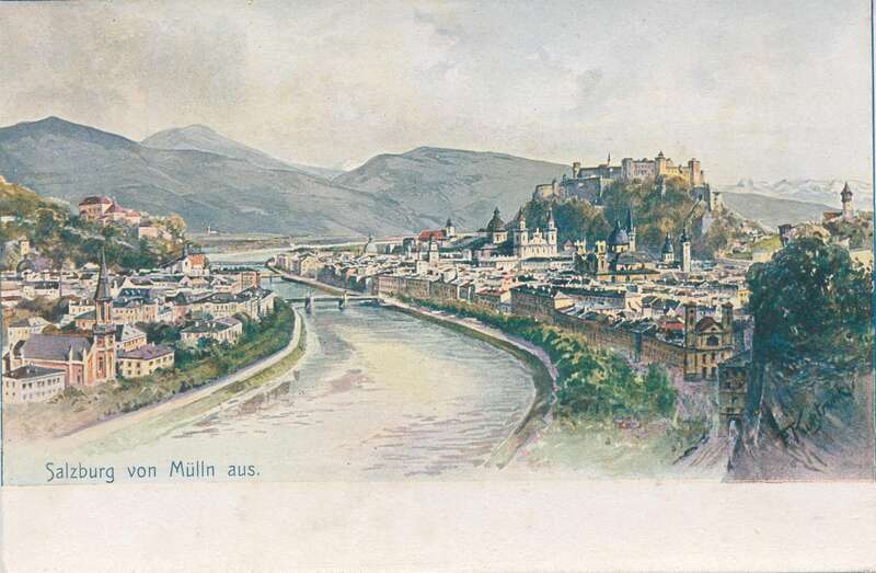 Blick von Mülln auf Altstadt, Festung und Stadtberge, Künstlerpostkarte